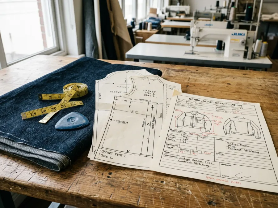 Fabric spec sheet and swatches laid out for a custom development brief