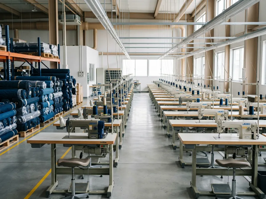 Rows of sewing stations on the NANG U factory floor