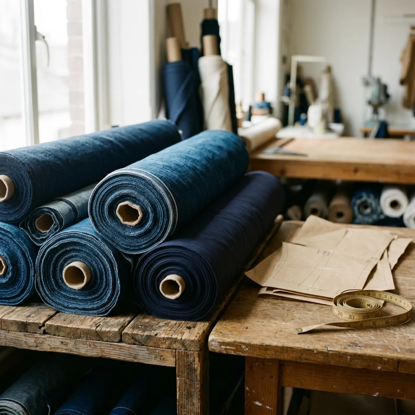 Rolled bolts of indigo denim fabric stacked in the NANG U workshop