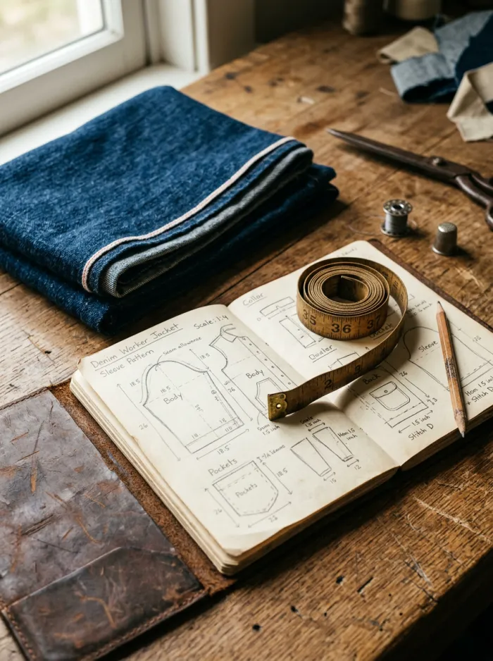 A sketchbook, denim swatch and measuring tape from NANG U's early days