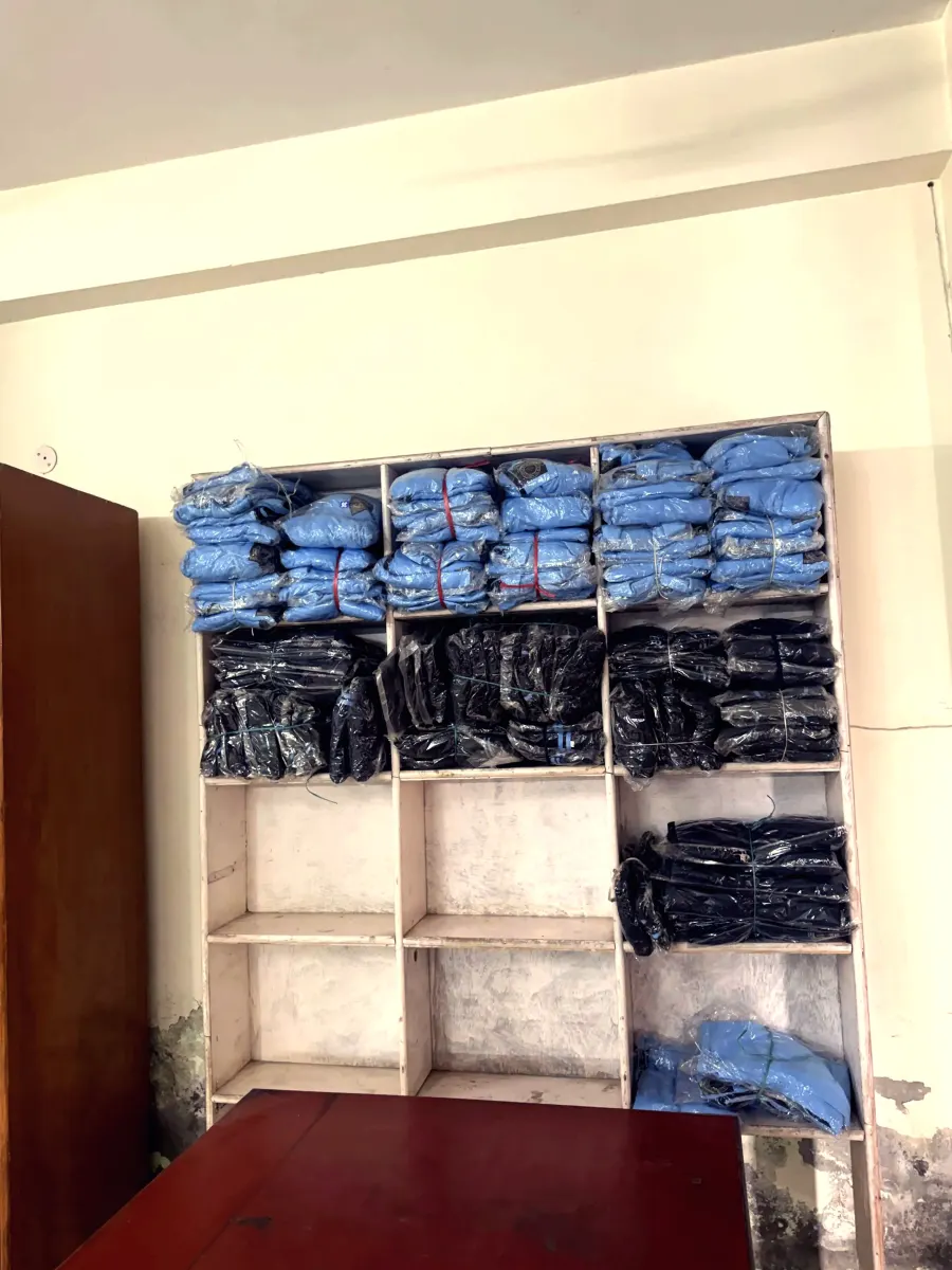 Shelves of finished, packed garments ready for dispatch